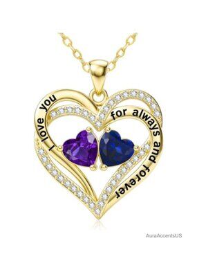 14K Gold Double Heart Birthstone Pendant Necklace Adjustable Chain